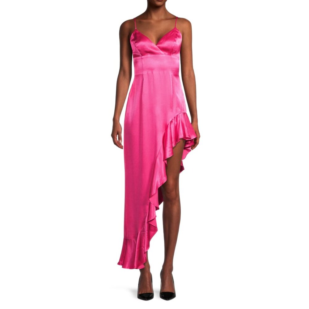 Bardot Ember Hot Pink Sweetheart Ruffled Slit Midi Cocktail Asymmetric Dress